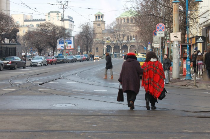 Two women crossing the street in Sofia Bulgaria