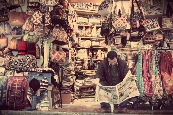 Man selling bags. Istanbul, Turkey.